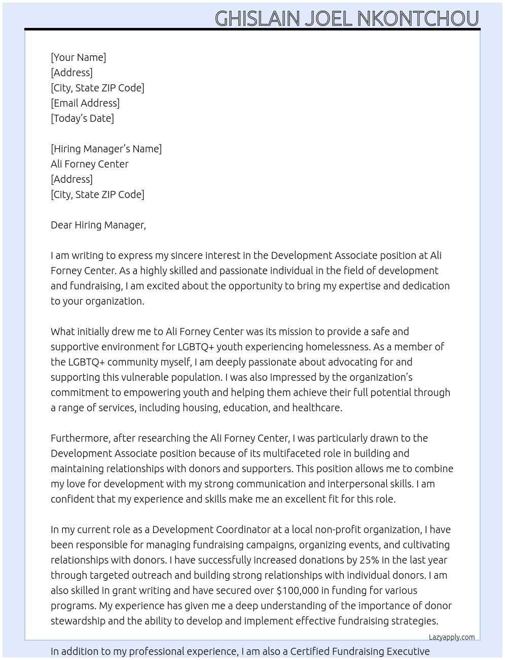 Development Associate At Ali Forney Center Cover Letter