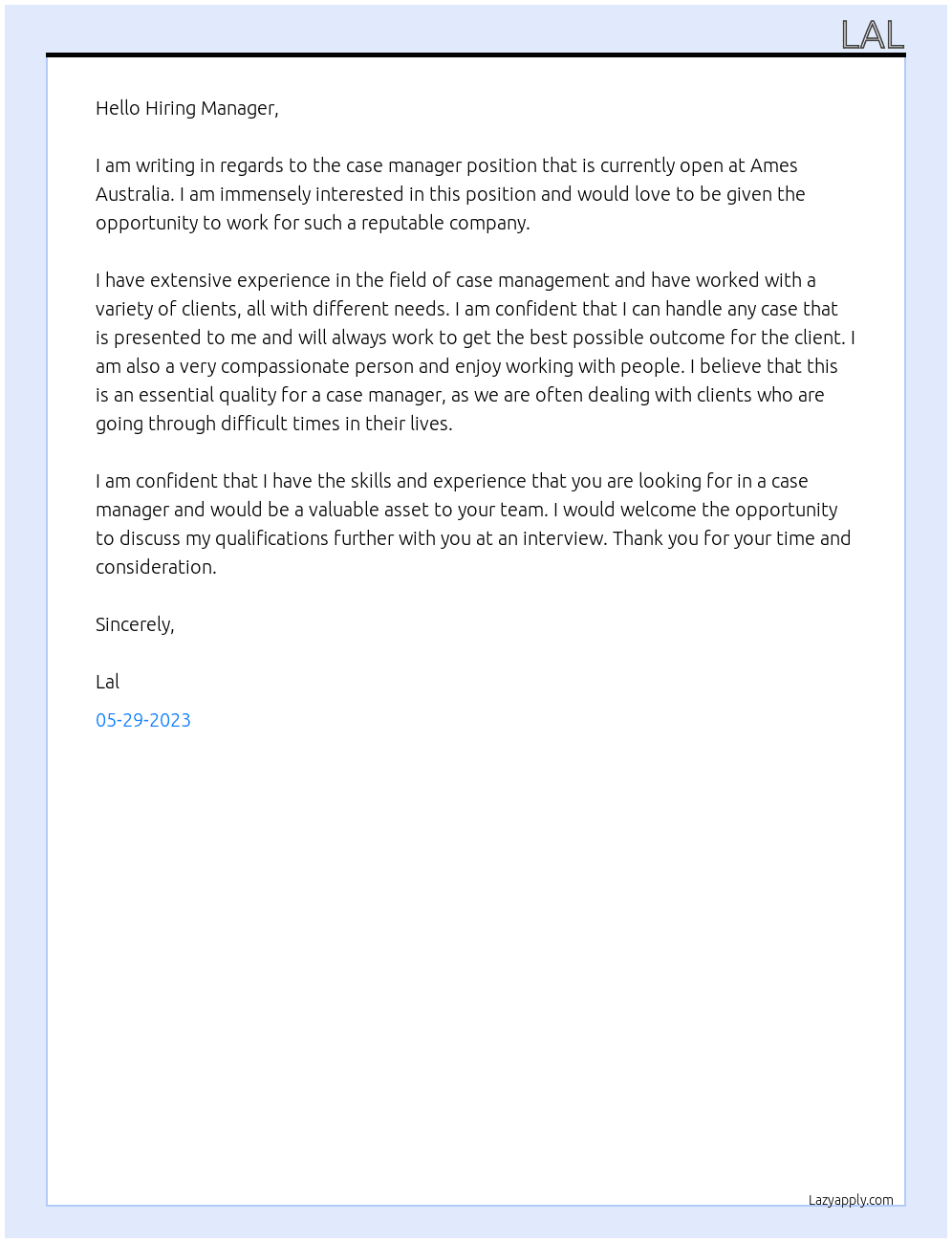case manager  At ames australia Cover Letter
