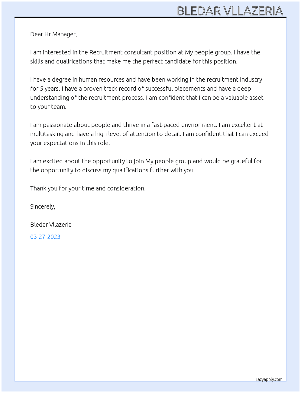 Recruitment consultant  At My people group Cover Letter
