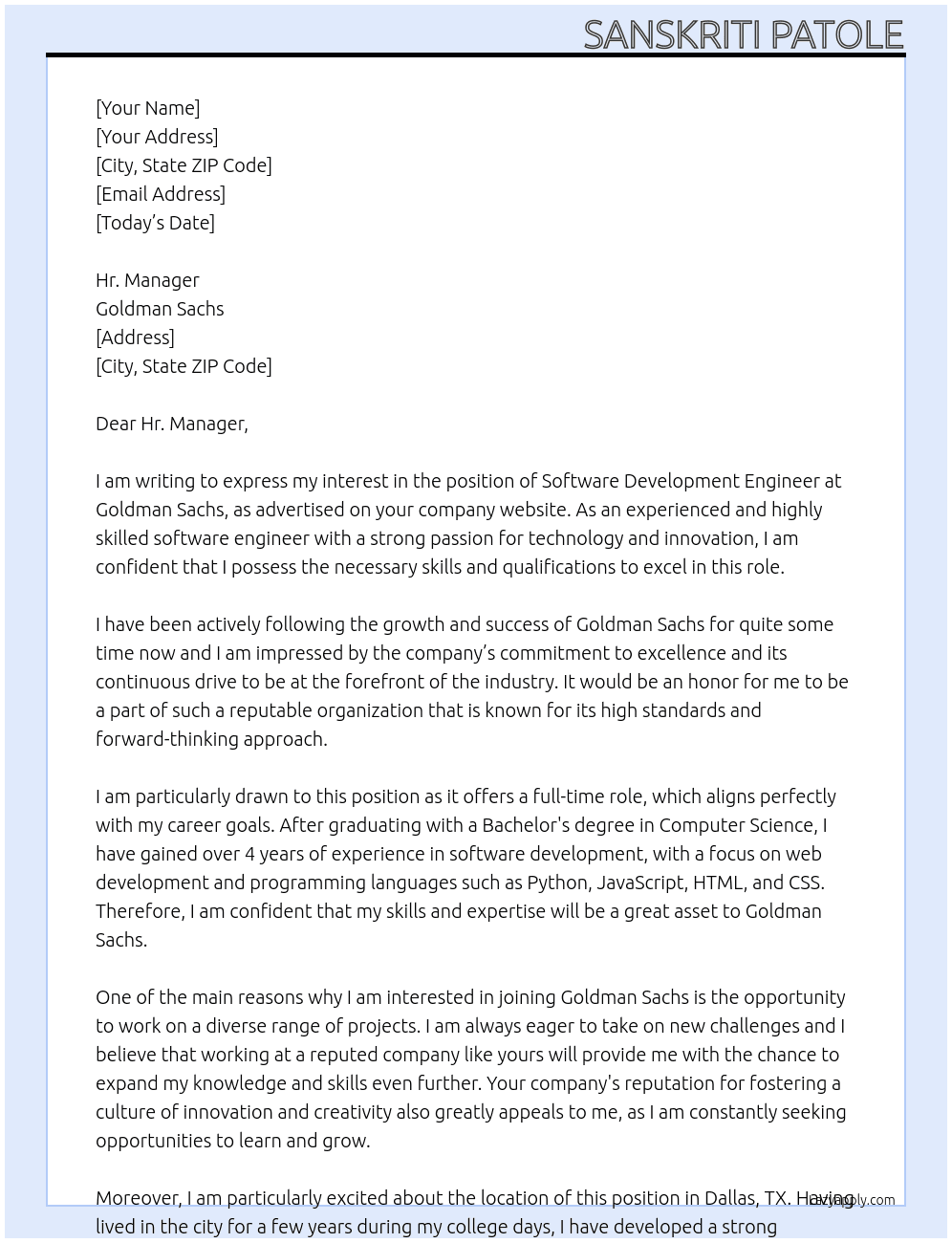 Software Development Engineer  At Goldman Sachs Cover Letter