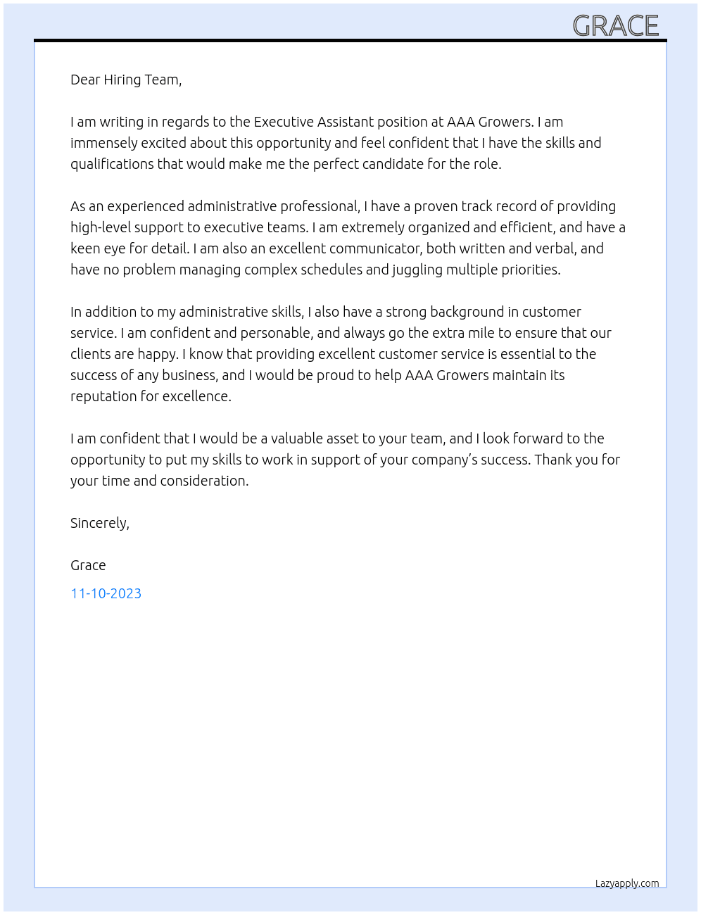 Executive Assistant  At AAA GROWERS  Cover Letter