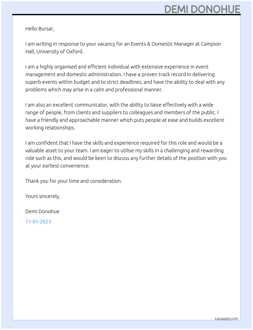Vacancy: Events & Domestic Manager At Campion Hall, University of Oxford Cover Letter