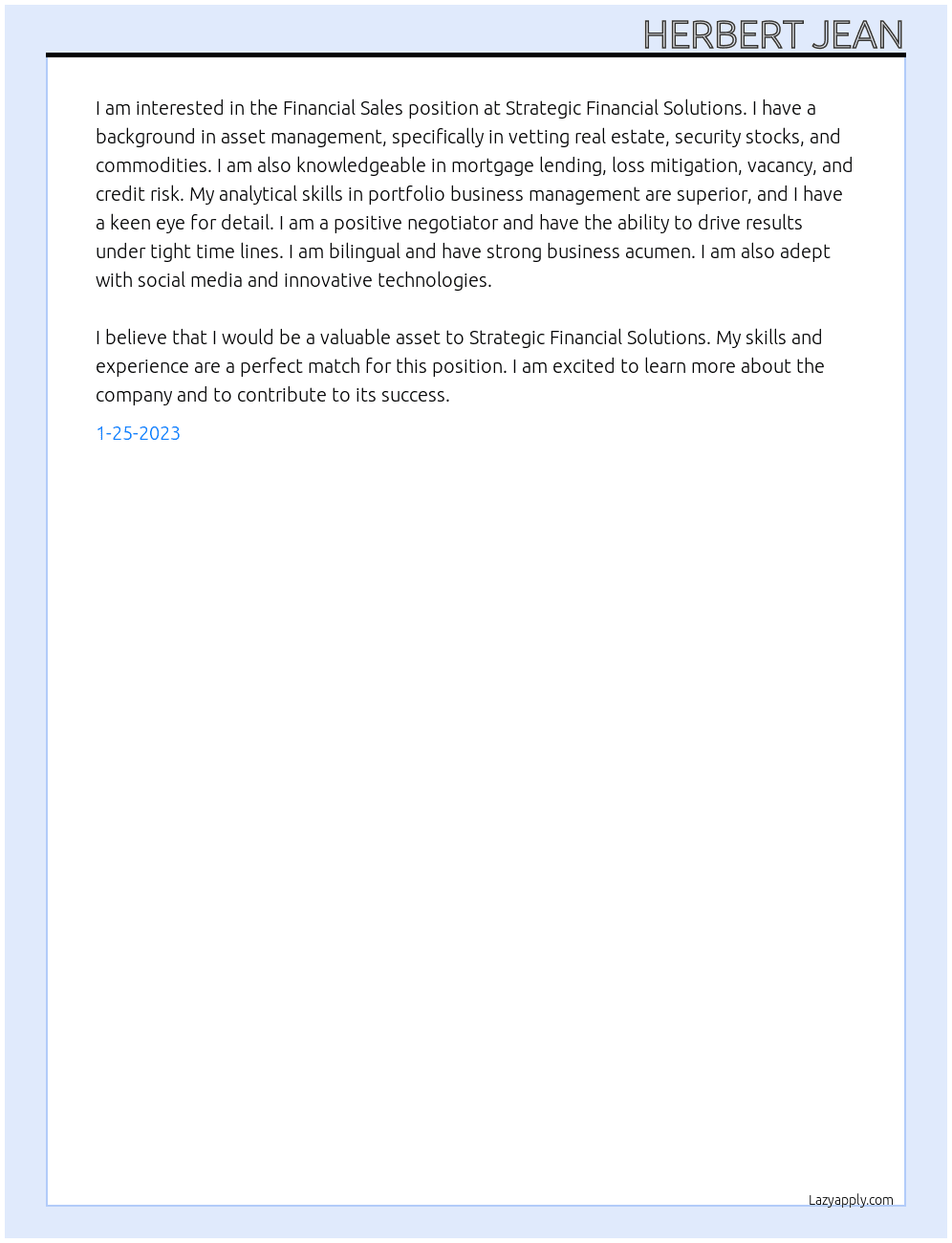 Financial sales At Strategic Financial Solutions Cover Letter