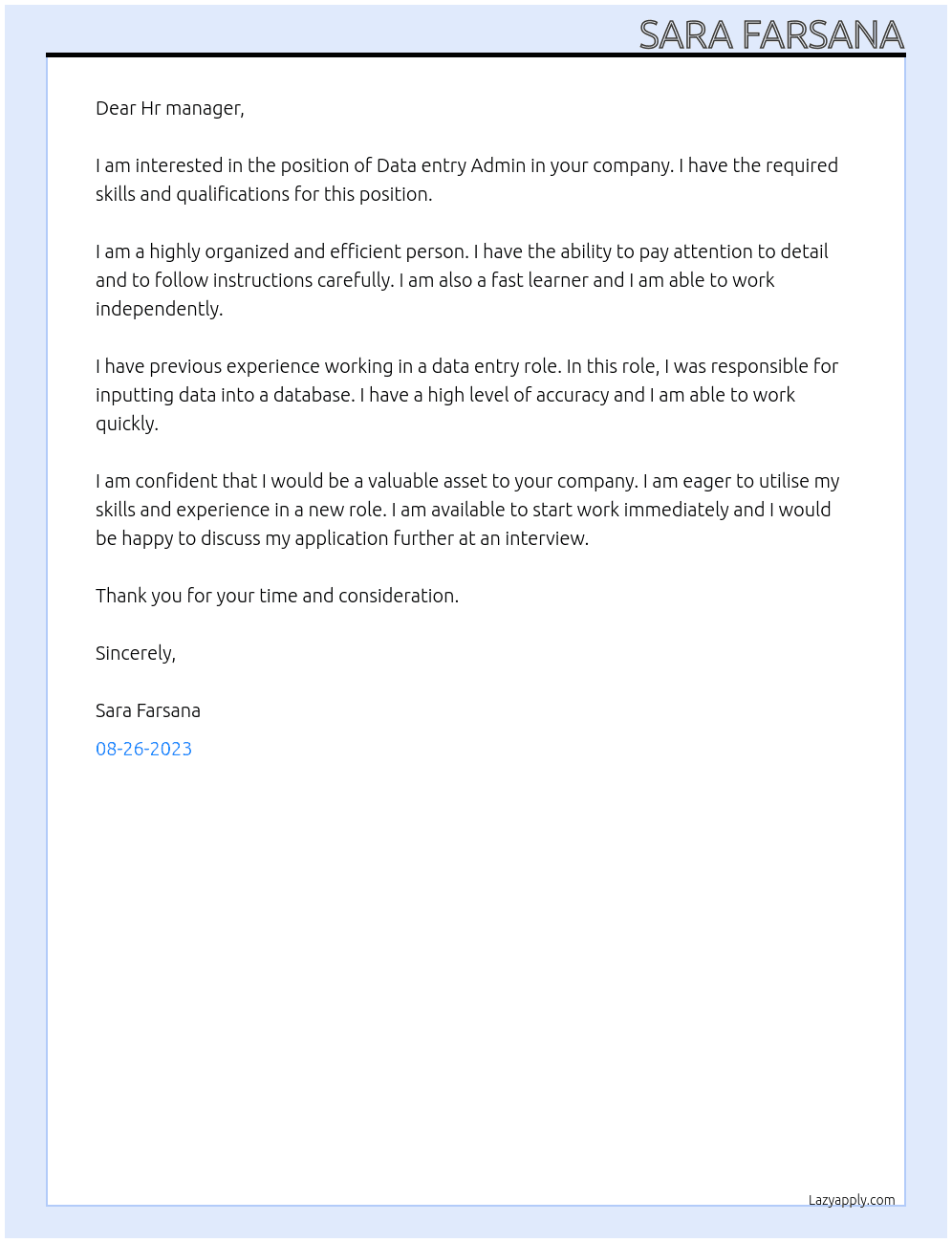 Data entry Admin At Executive and management  Cover Letter