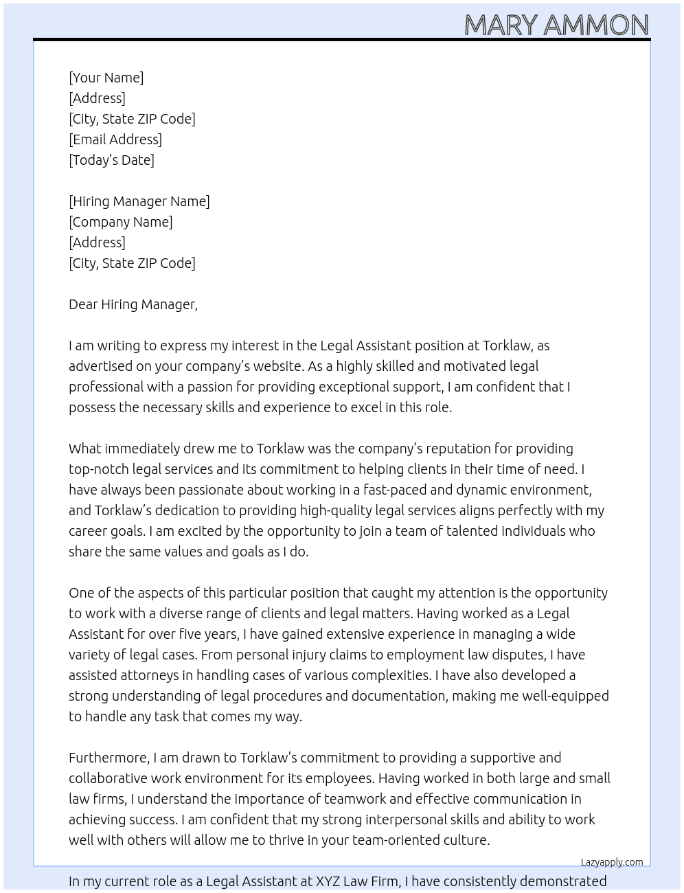 Legal Assistant At Torklaw Cover Letter