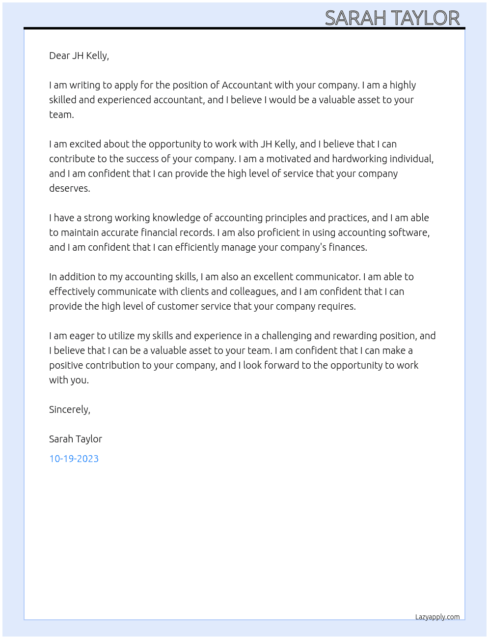 Accountant At JH Kelly  Cover Letter