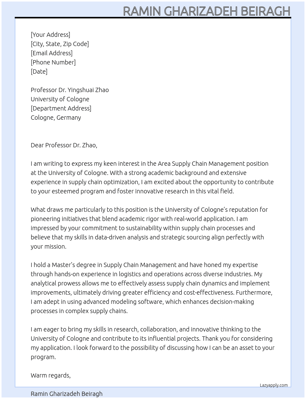 Area Supply Chain Management At  University of Cologne Cover Letter