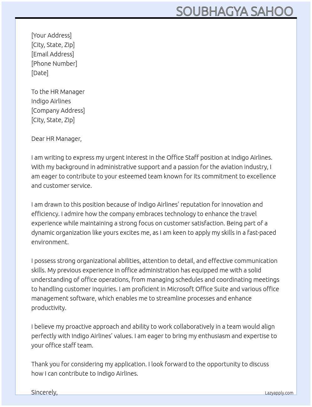 Office staff At Indigo Airlines  Cover Letter