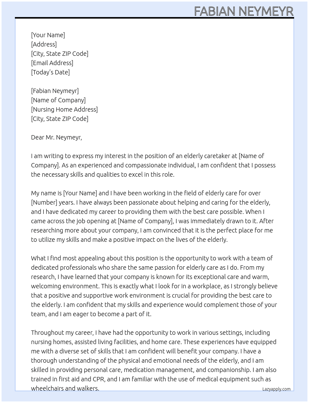 elderly caretaker At Nursing home Cover Letter