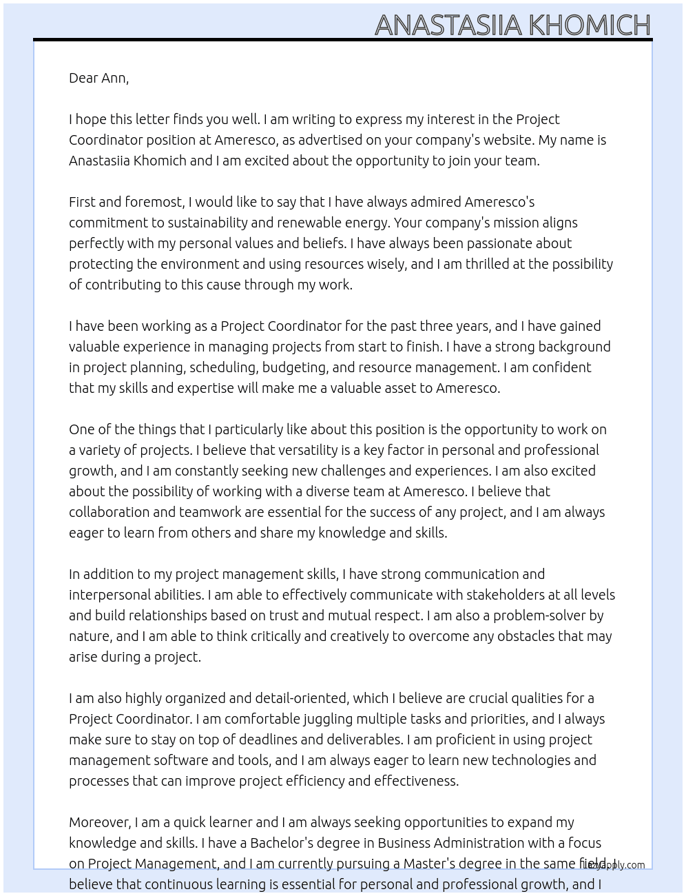 Project Coordinator  At Ameresco Cover Letter