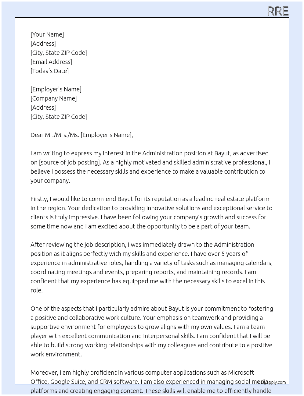 administration  At bayut Cover Letter