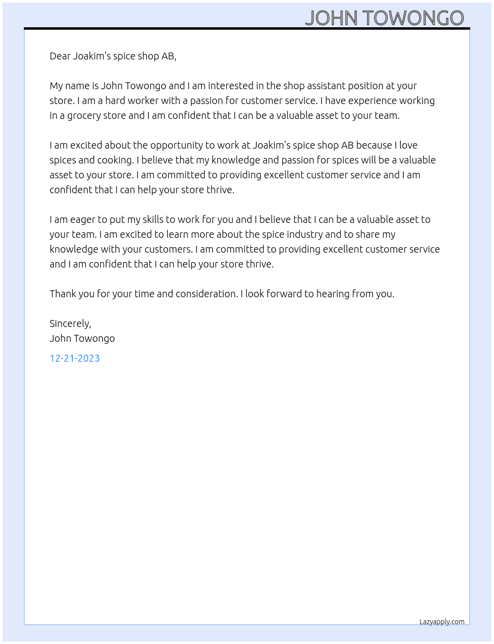 Shop assistant, groceries/Employee, groceries At Joakim's spice shop AB Cover Letter