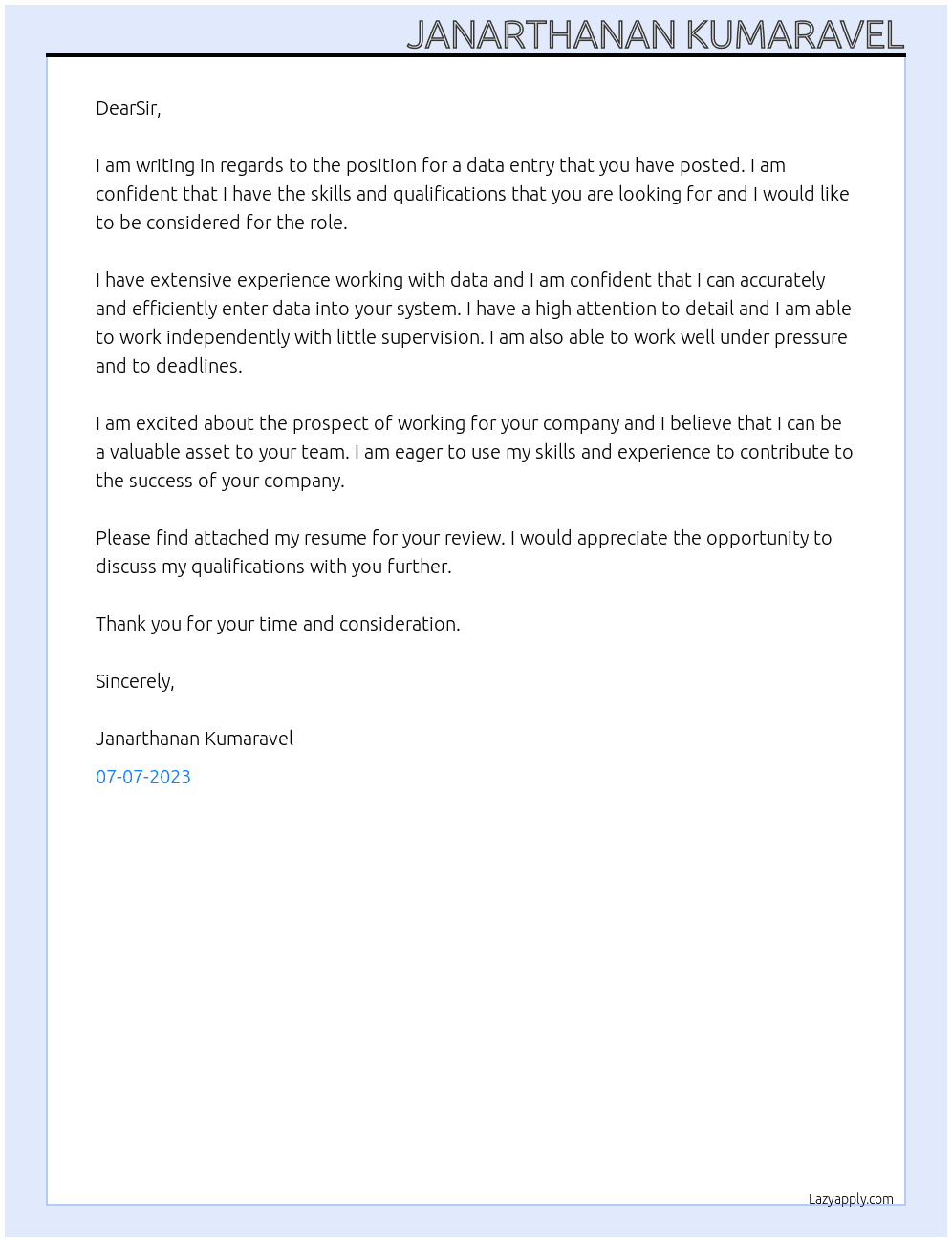 Simple easy task At Data entry Cover Letter