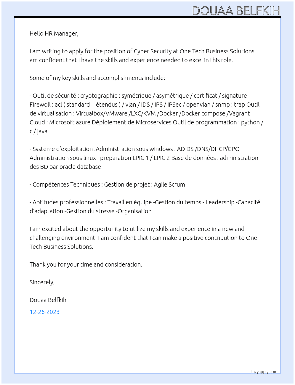 cyber security At One Tech Business Solutions Cover Letter