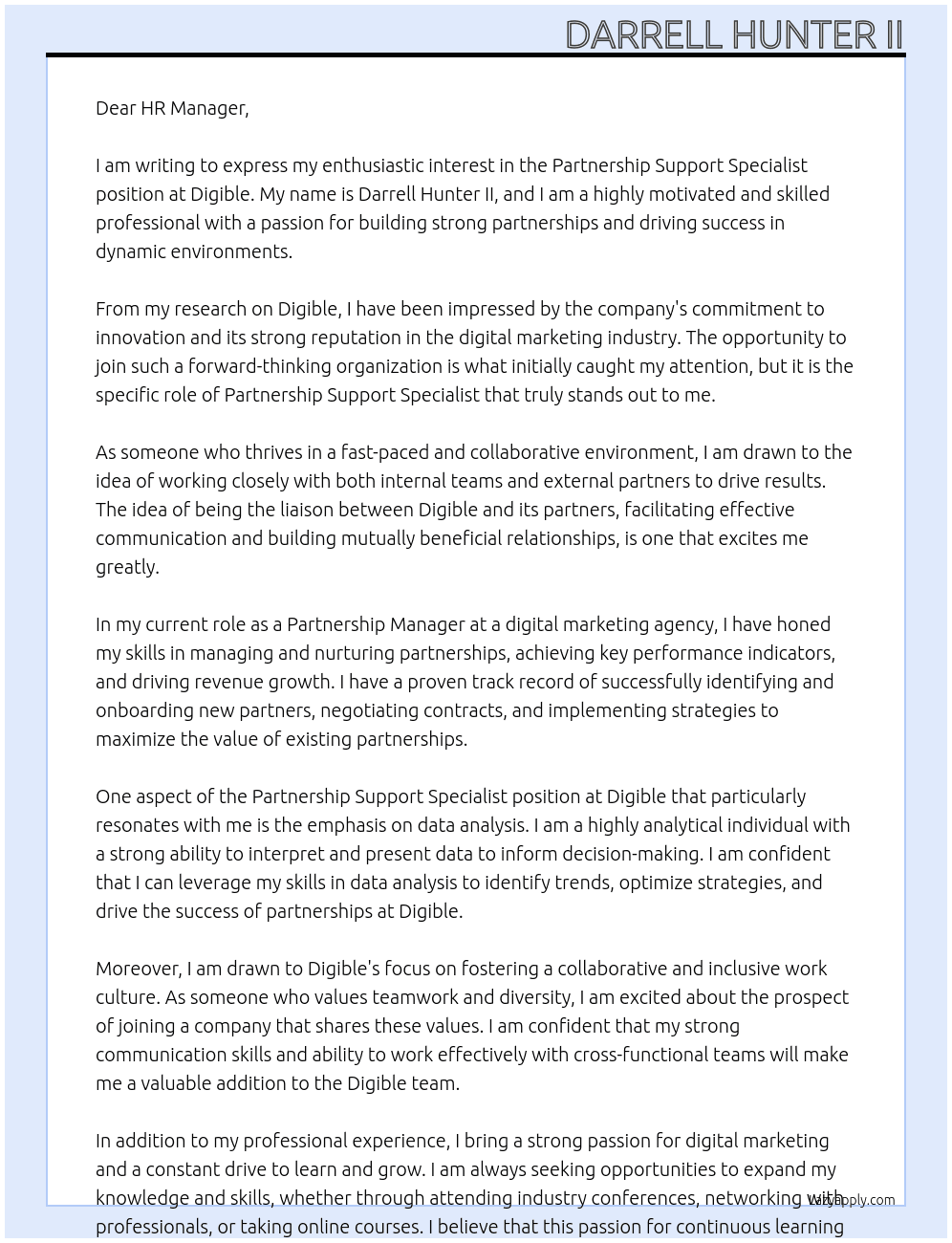 Partnership Support Specialist At Digible Cover Letter
