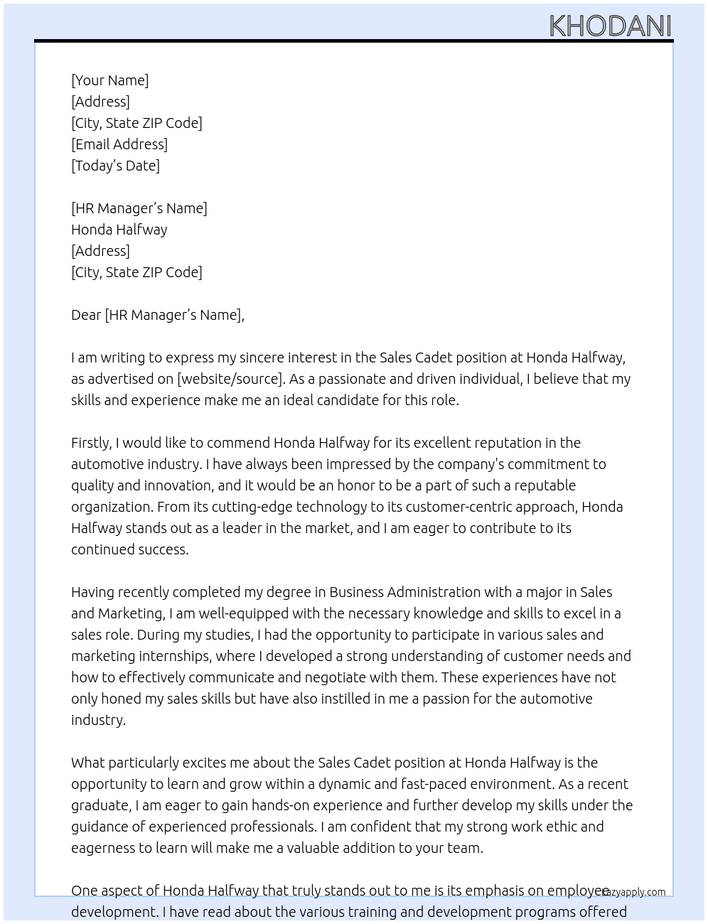 sale cadets At honda halfway Cover Letter