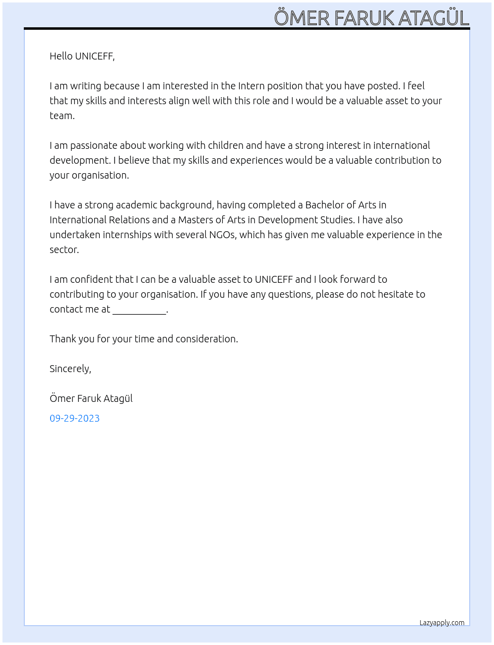 Intern At UNICEFF Cover Letter