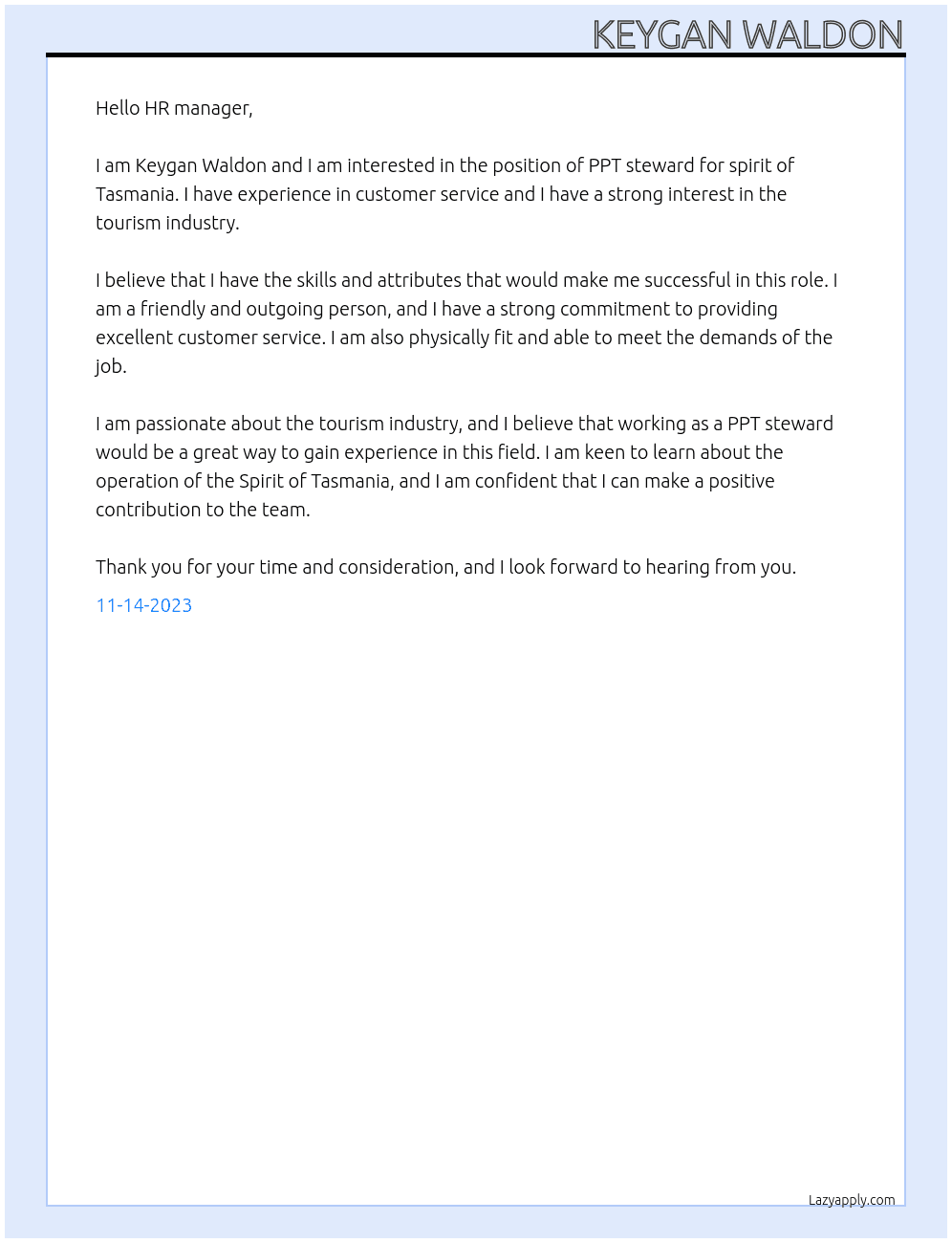 PPT steward At spirit of Tasmania Cover Letter
