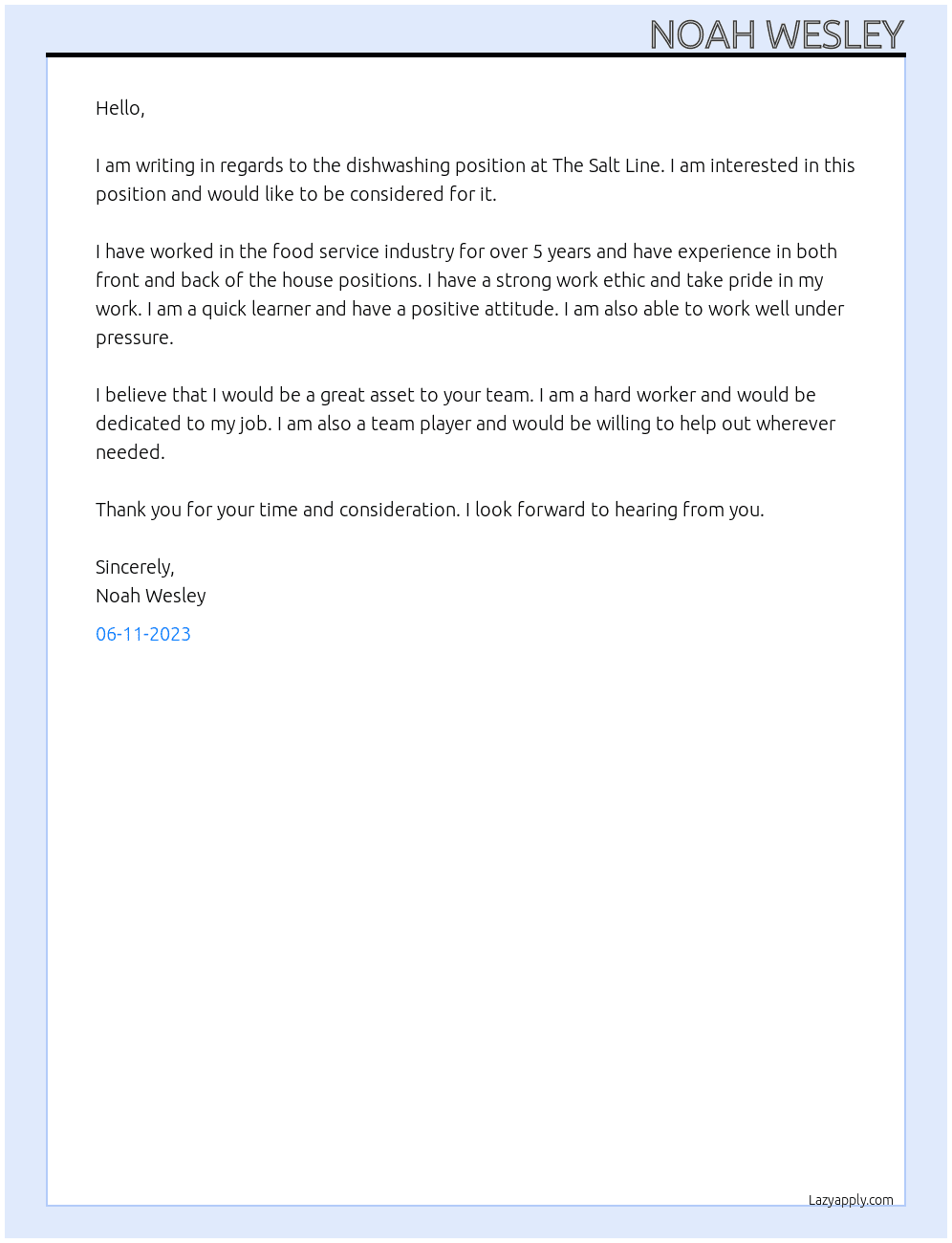 Dishwasher  At The Salt Line  Cover Letter