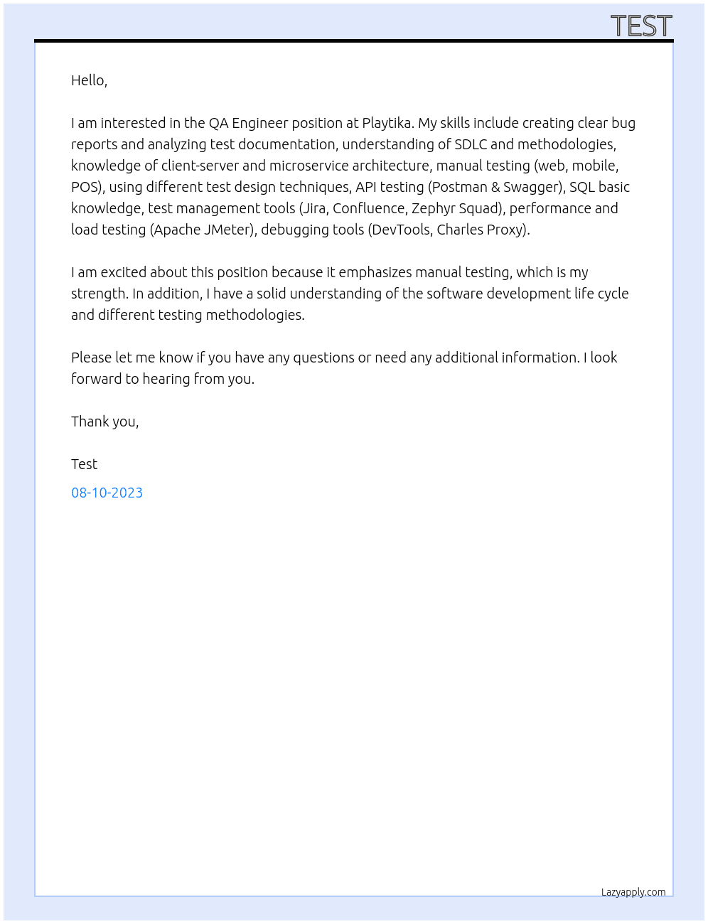 QA ENGINEER At Playtika Cover Letter