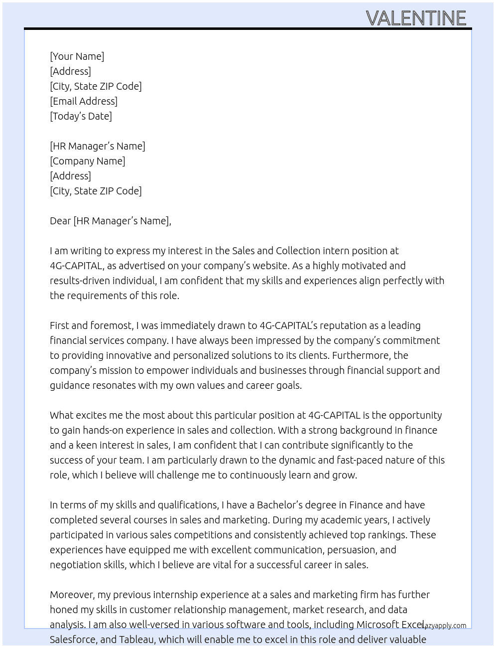 Sales and Collection intern  At 4G-CAPITAL  Cover Letter