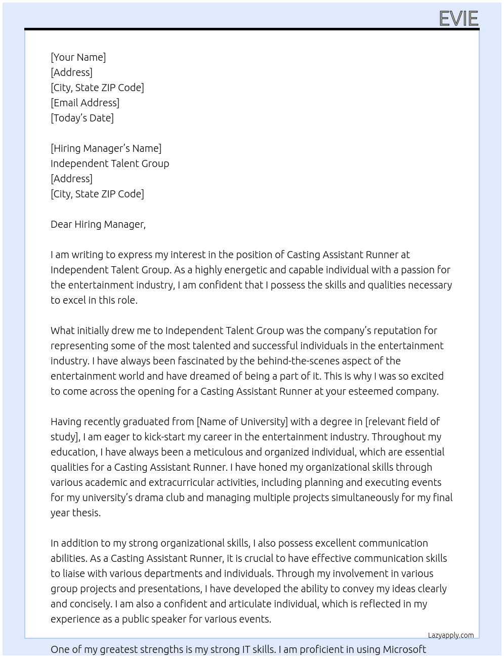 casting assistant runner At Independent Talent Group  Cover Letter