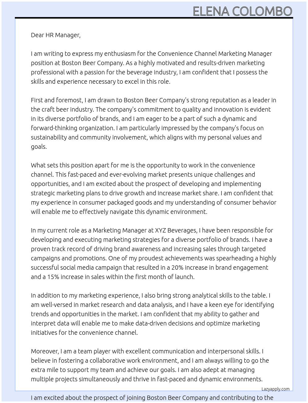 Convenience Channel Marketing Manager At Boston Beer Company Cover Letter
