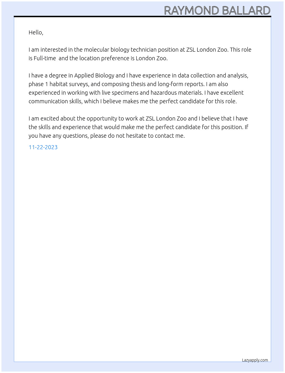 Molecular biology Technician  At ZSL - London Zoo  Cover Letter