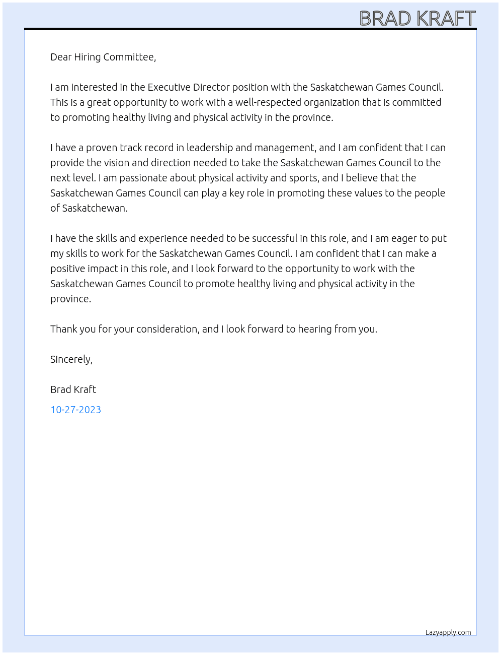 Executive Director At Saskatchewan Games Council Cover Letter