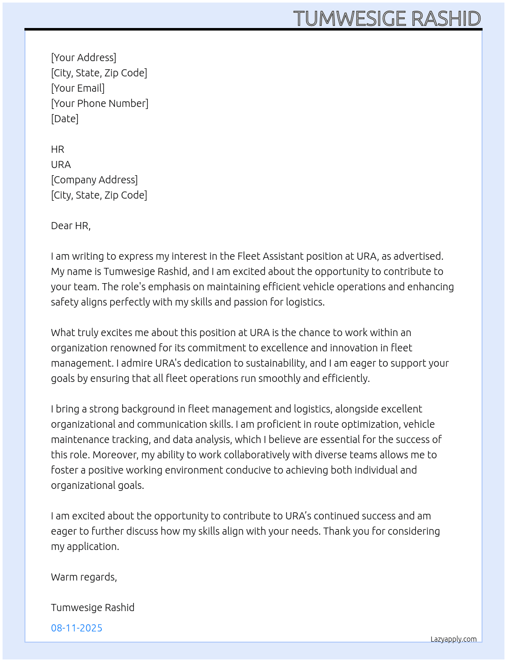 Fleet assistant At URA Cover Letter