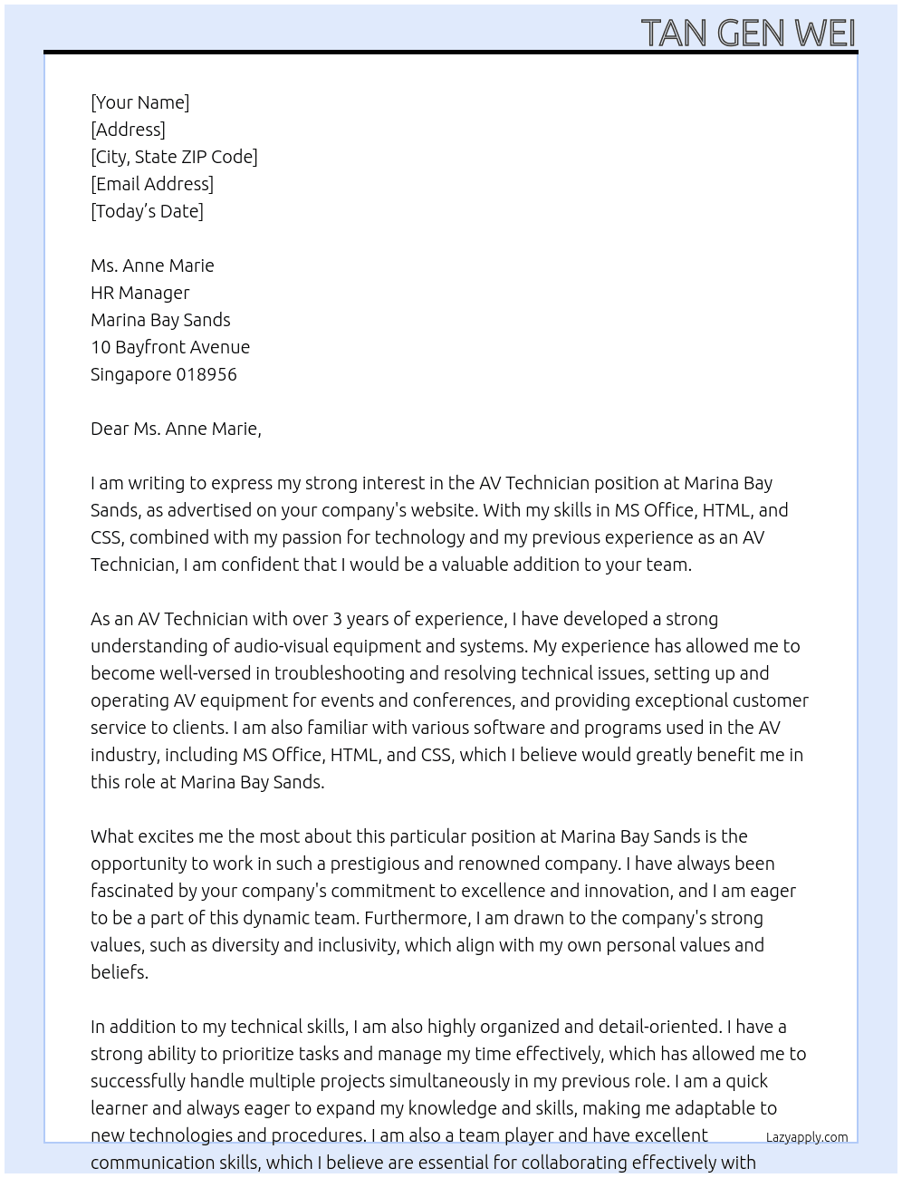 AV Technician At Marina Bay Sands Cover Letter