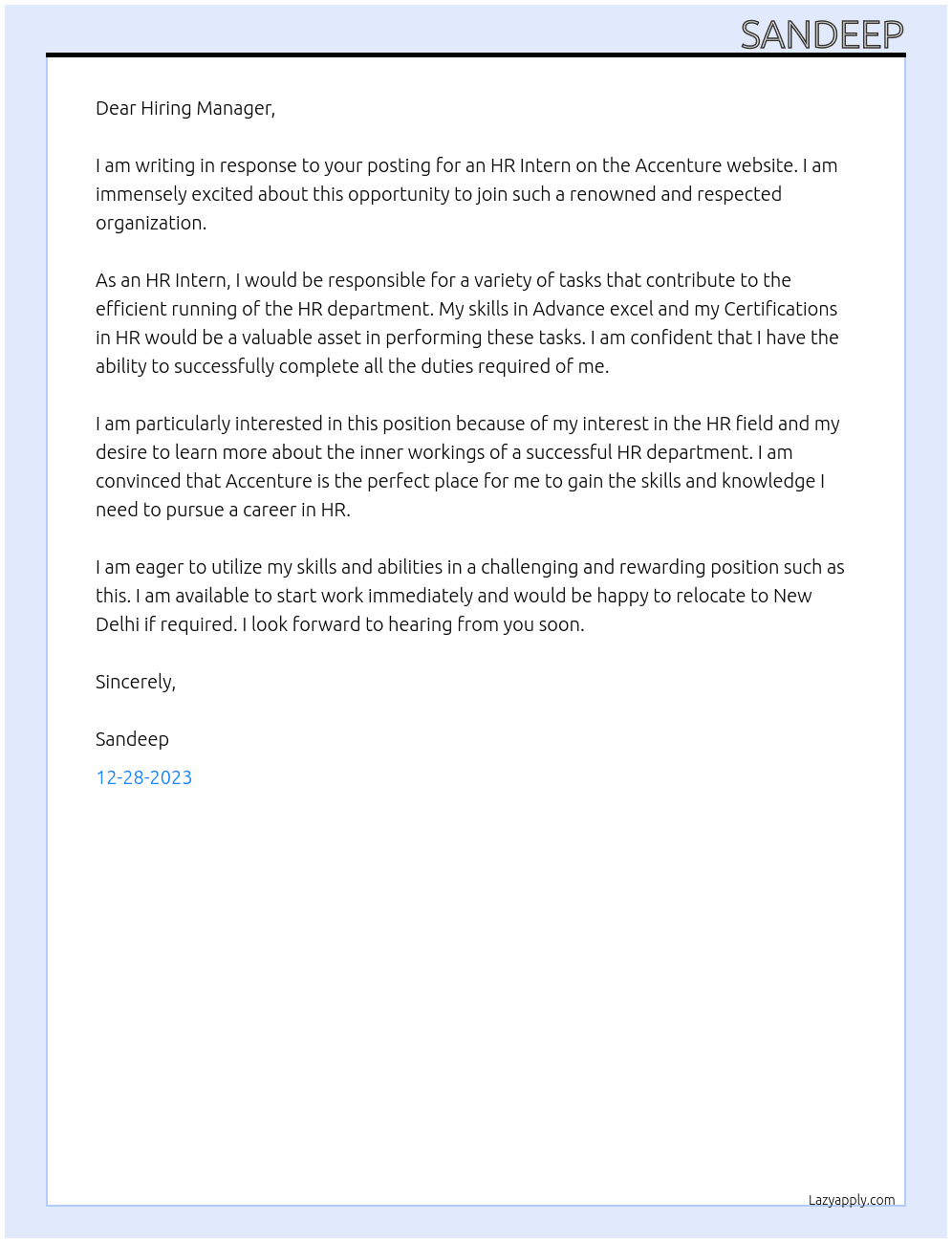 HR INTERN At Accenture Cover Letter