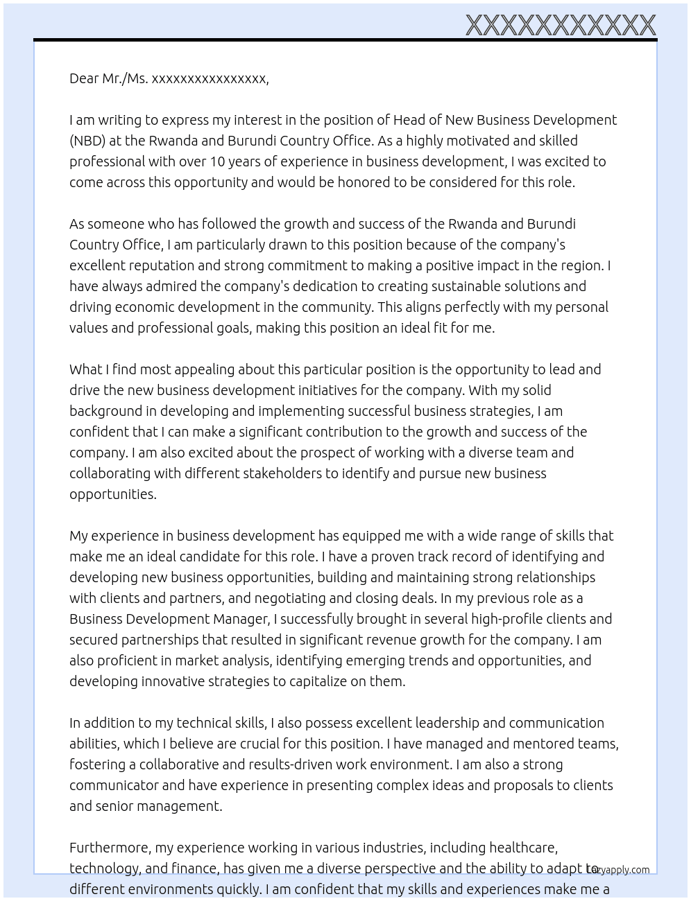 Head of New Business Development (NBD)  At the Rwanda and Burundi Country Office Cover Letter