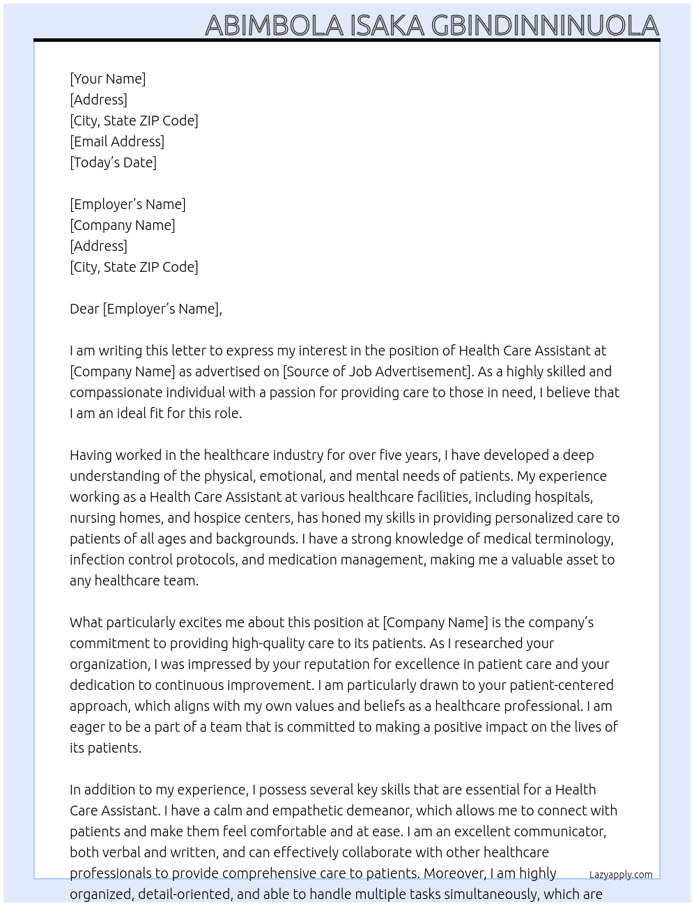 Health Care Assistant At Health Care Worker Cover Letter