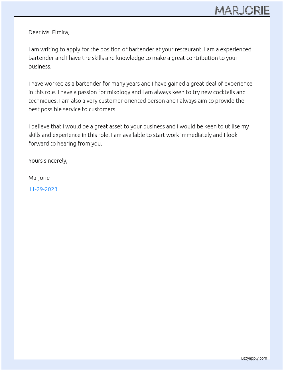 bartender At restaurant Cover Letter