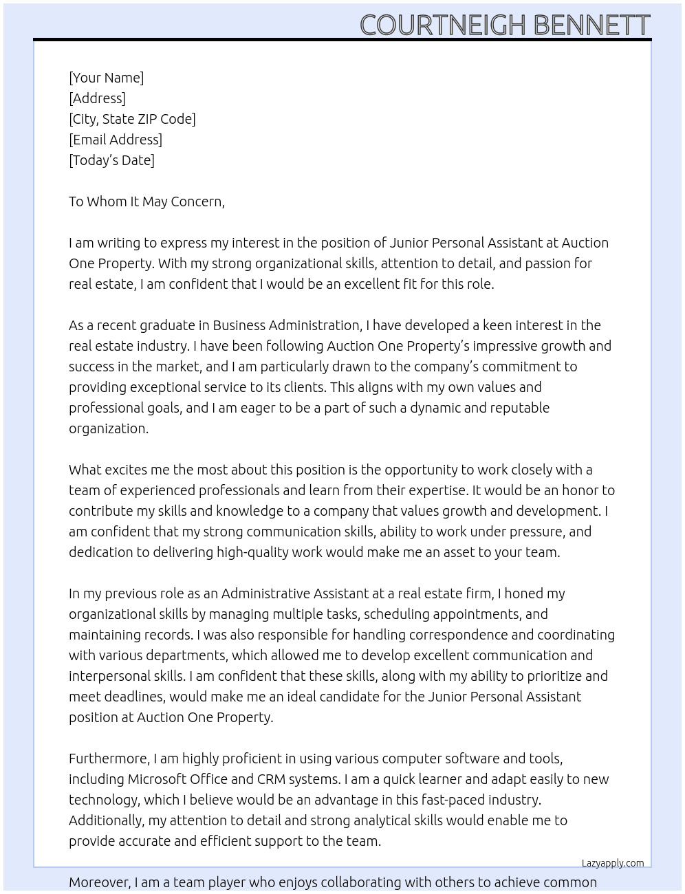 Junior Personal Assistant At Auction One Property Cover Letter