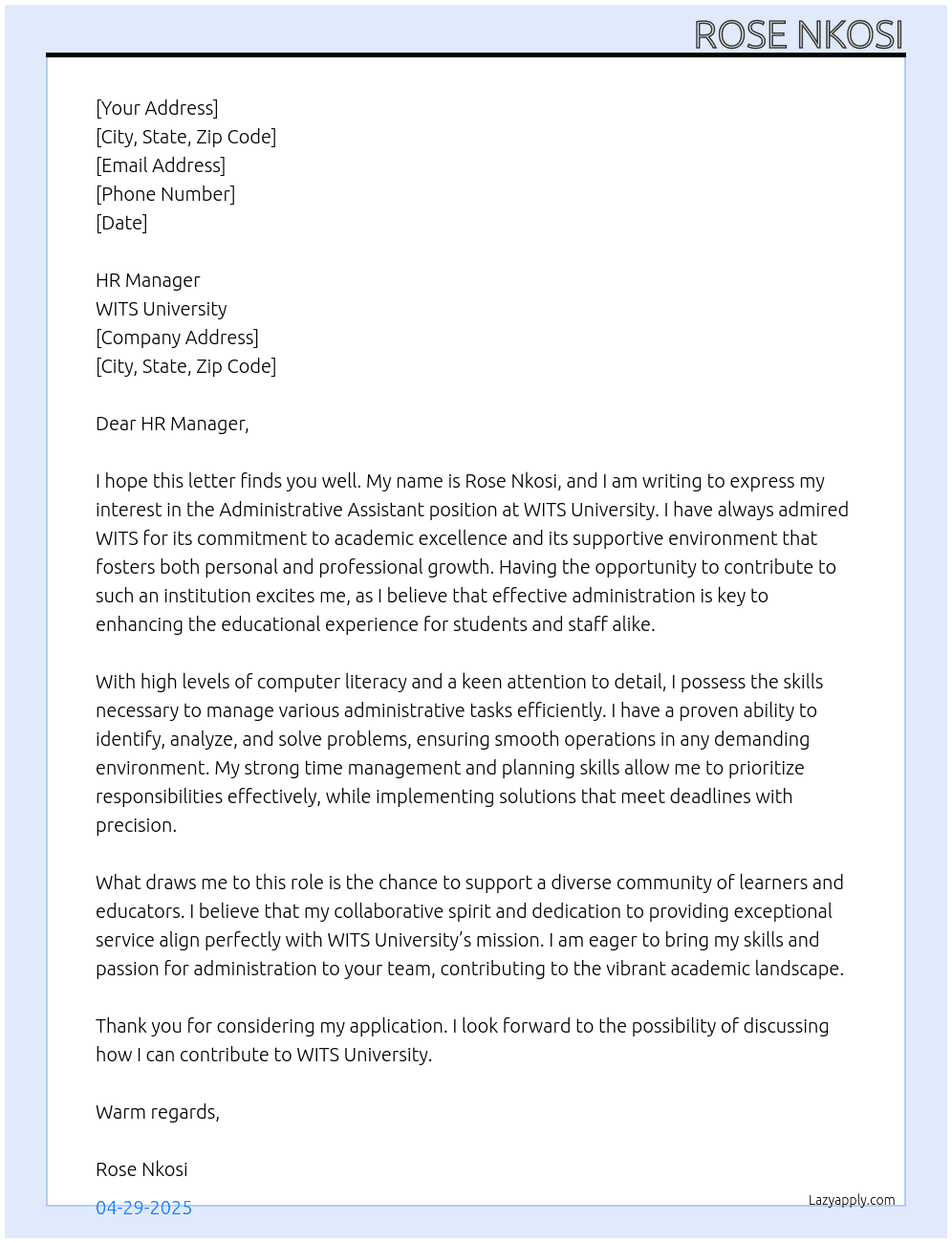 	Administrative Assistant At WITS University Cover Letter