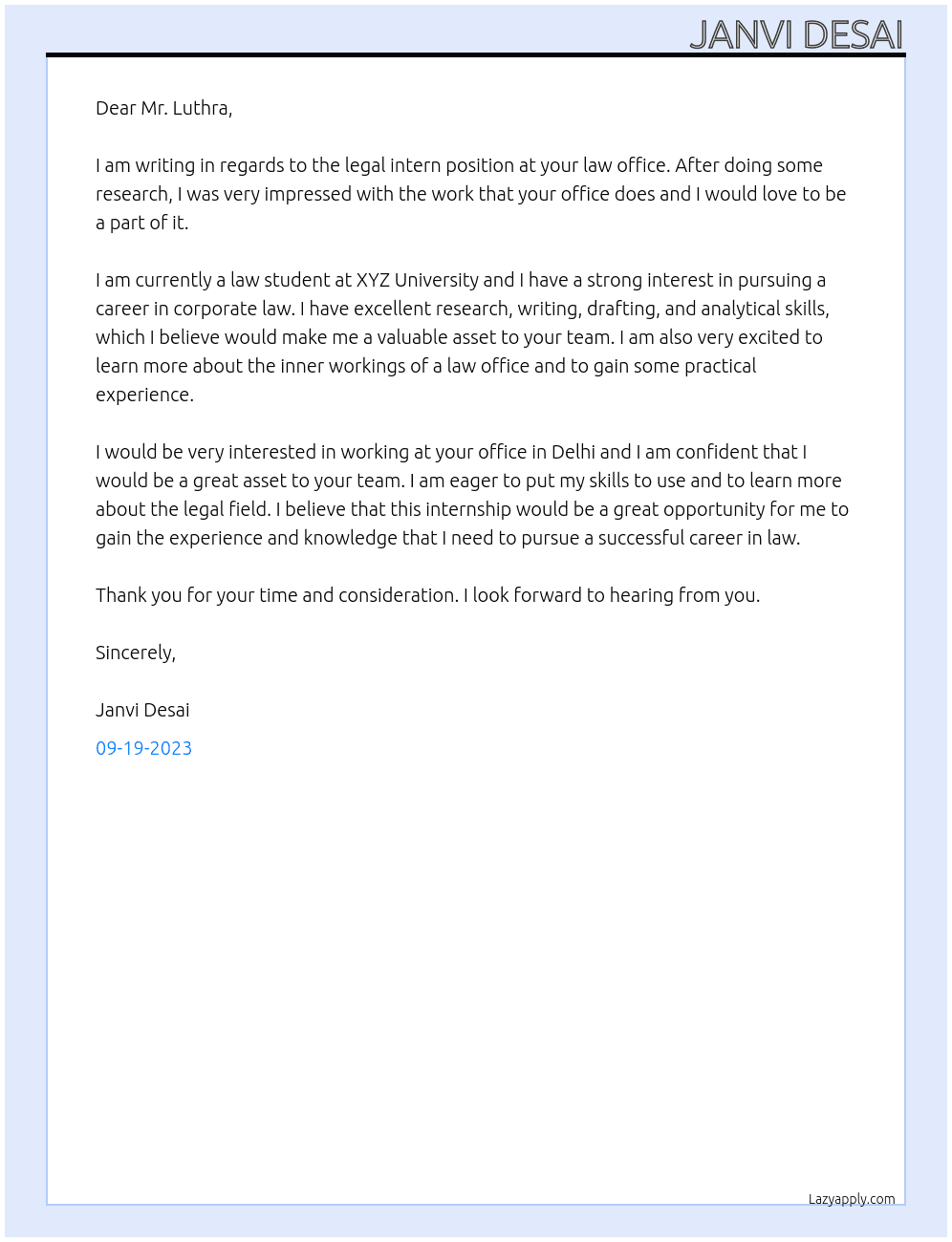 Legal intern  At Law office  Cover Letter