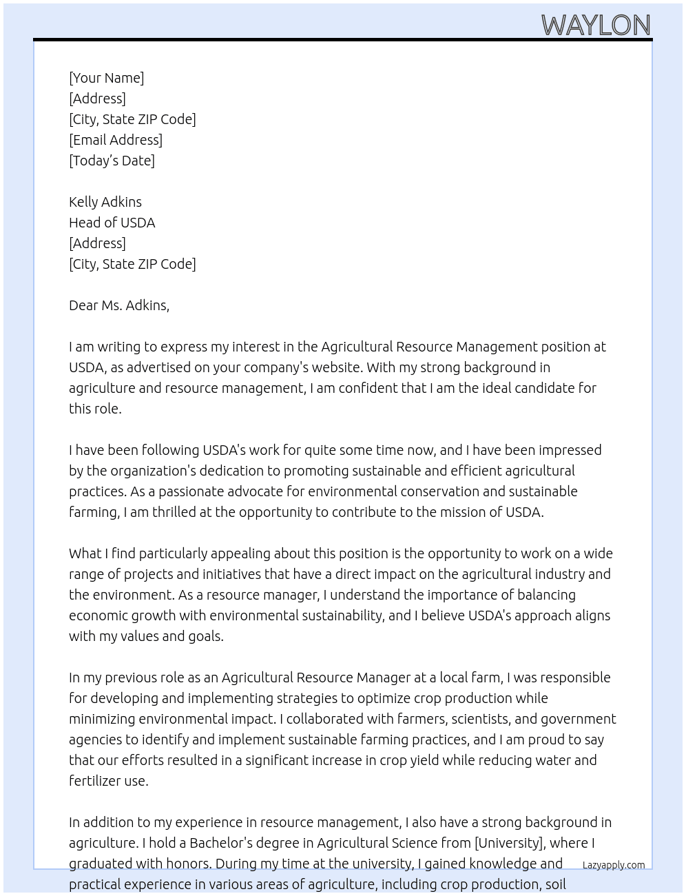 Agricultural Resource Management At USDA Cover Letter