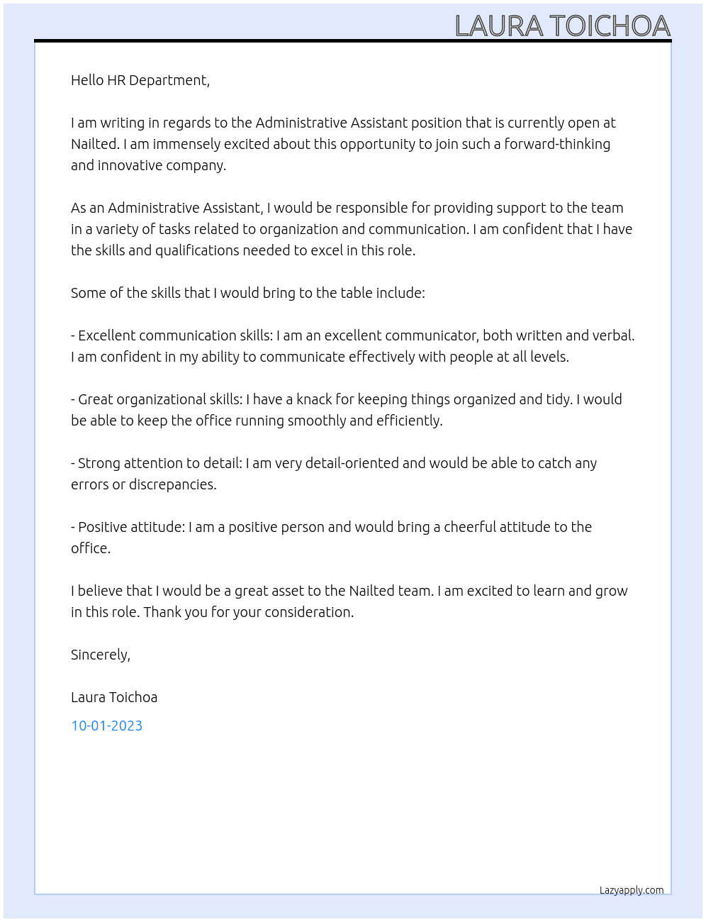 Administrative Assistant At Nailted Cover Letter