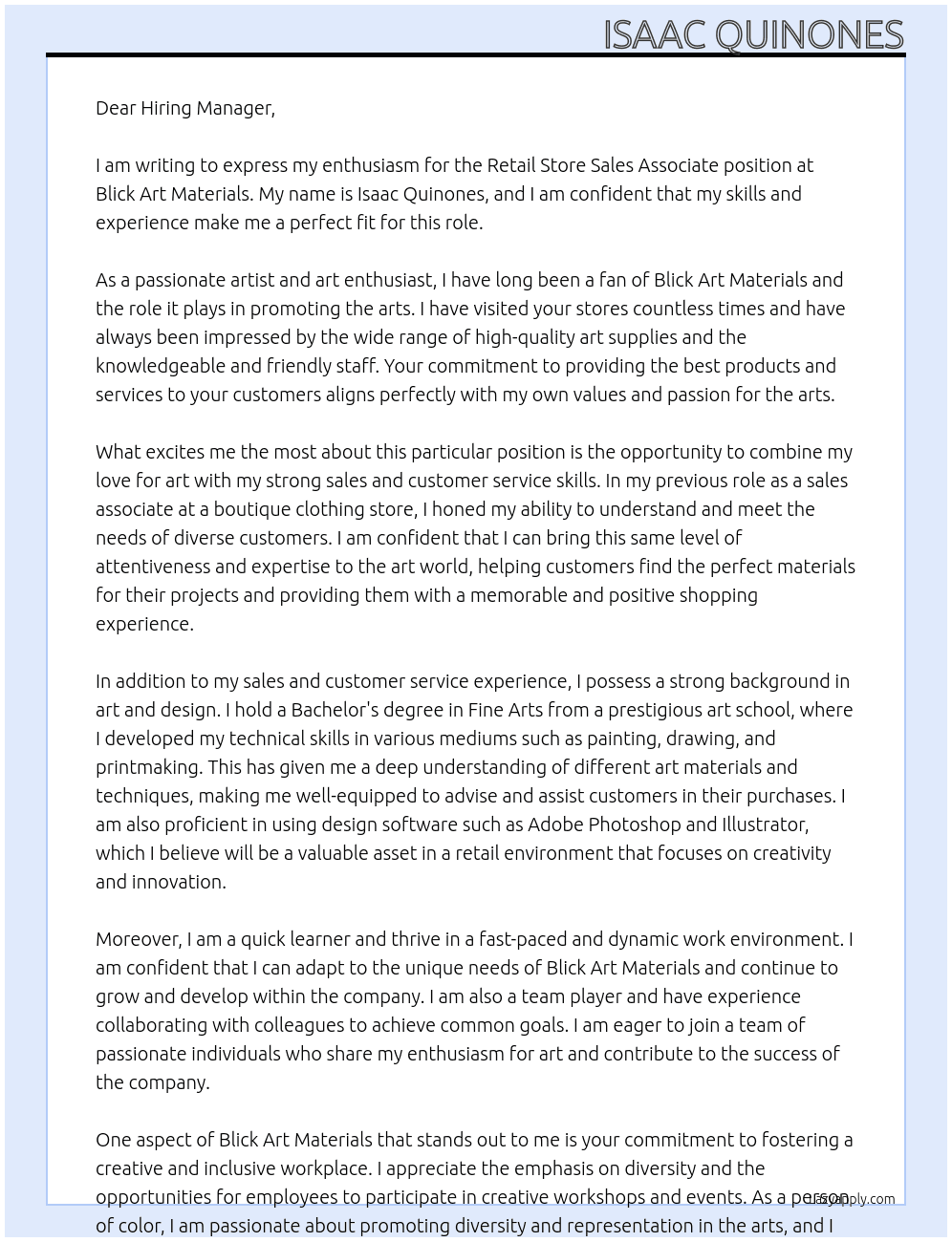 Retail Store Sales Associate At Blick Art Materials Cover Letter