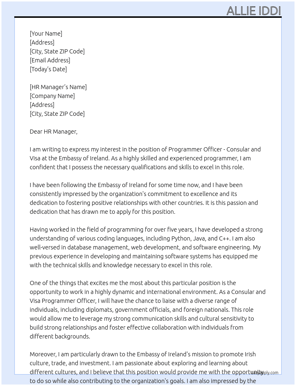 programmer officer - consular and visa At Embassy of ireland Cover Letter