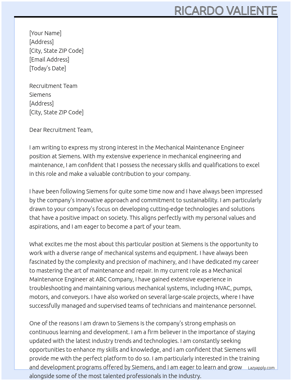 Mechanical Maintenance Engineer At Siemens Cover Letter