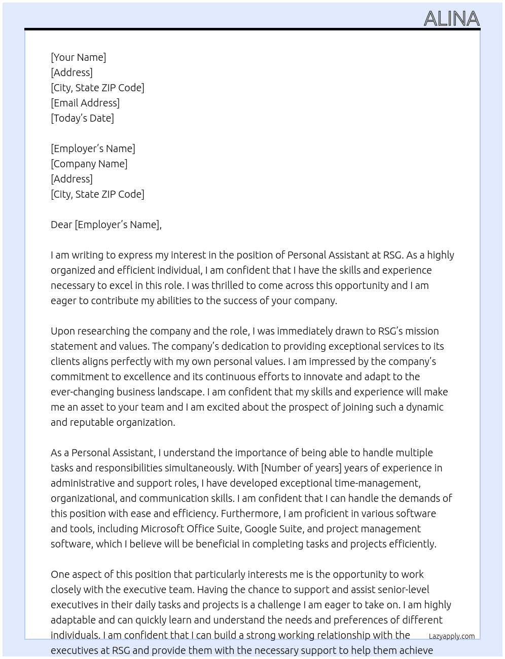 personal assistant At RSG Cover Letter