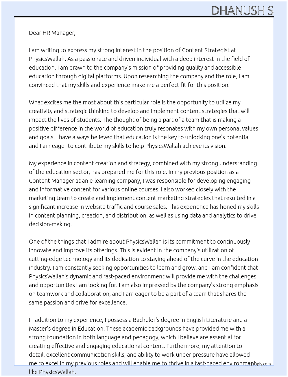 Content Strategist  At PhysicsWallah Cover Letter