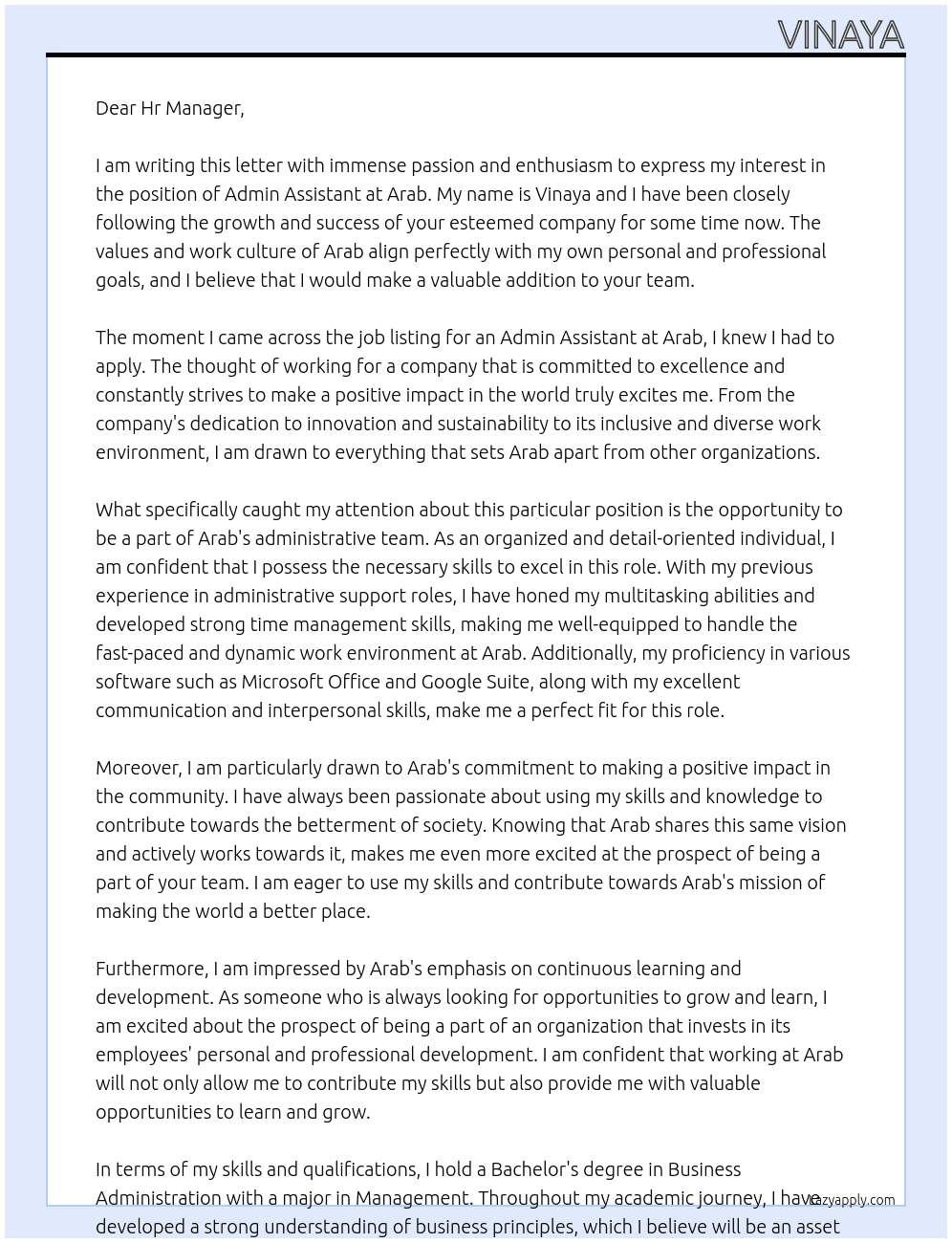 Admin assistant At Arab Cover Letter