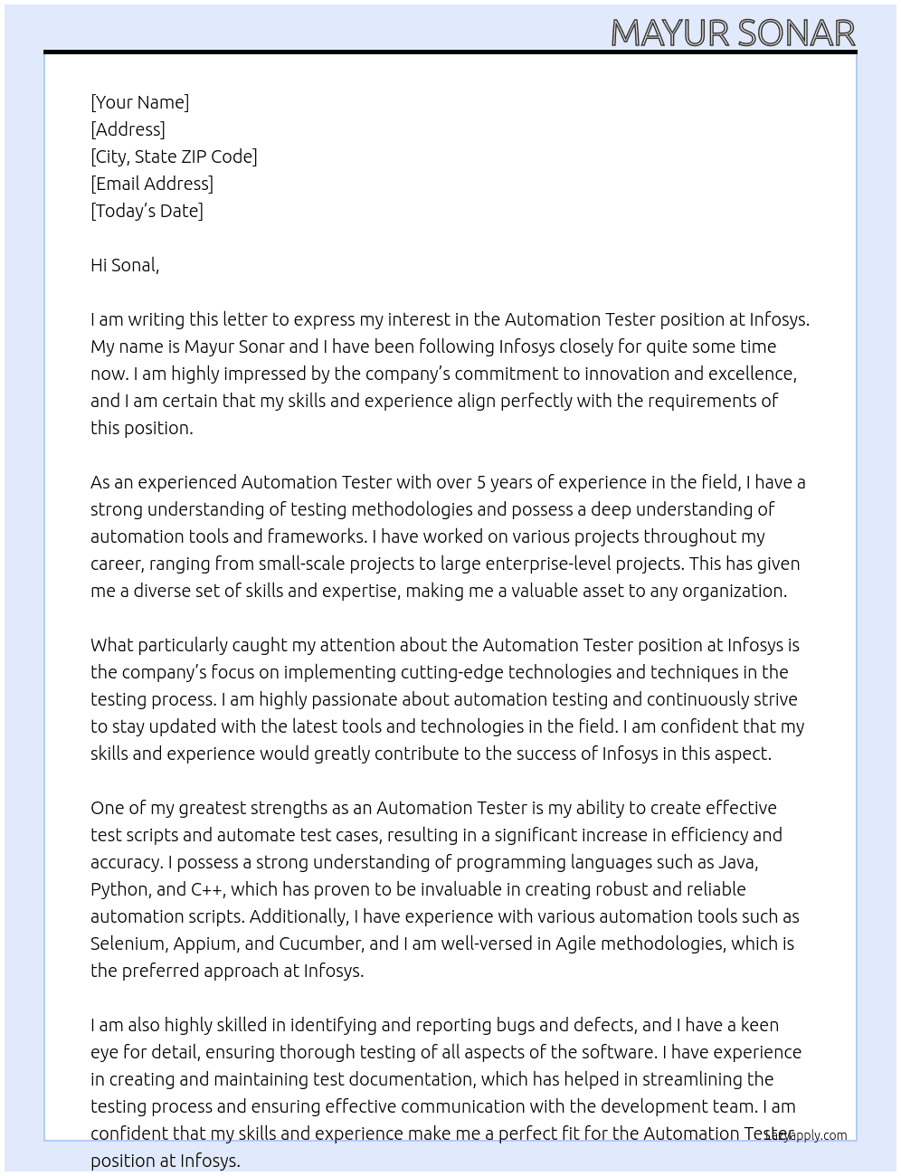 Automation Tester At Infosys Cover Letter