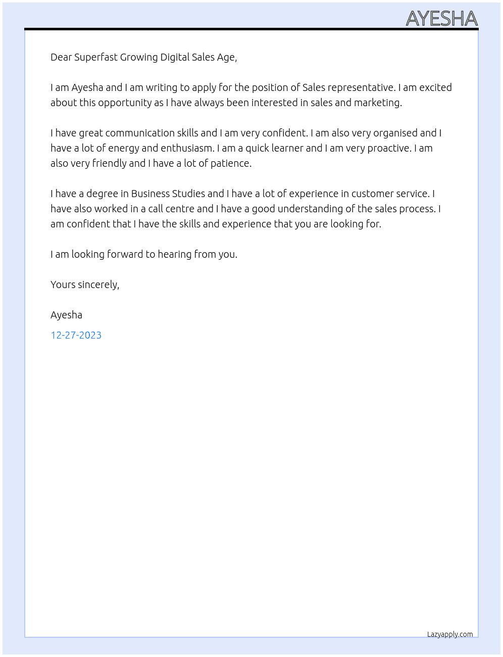 Sales representative At Superfast Growing Digital Sales Age Cover Letter