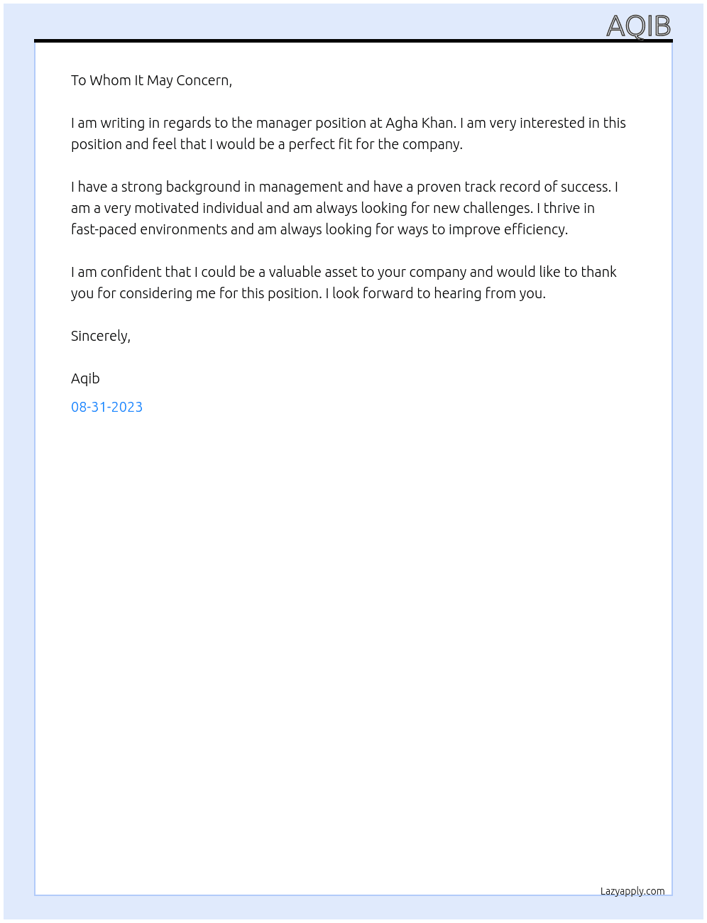manager At agha khan Cover Letter