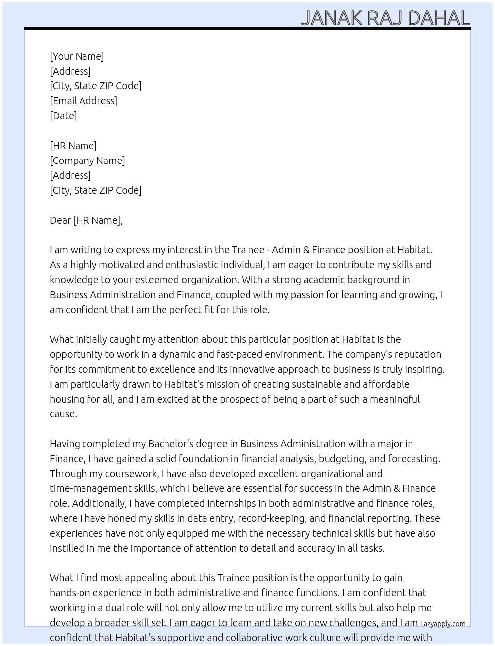 Cover letter for trainee - admin & finance - LazyApply